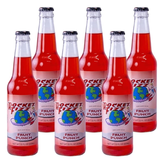 Rocket Fizz Fruit Punch Soda Flavor | Cane Sugar | Craft Soda Pop Drinks | 12 oz in Glass Bottle (6 Pack)