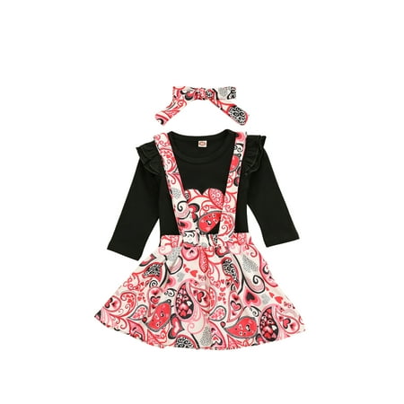 

Bebiullo Girl Three Piece Set Children Flying Sleeve Shirt Straps Skirt Hair Band
