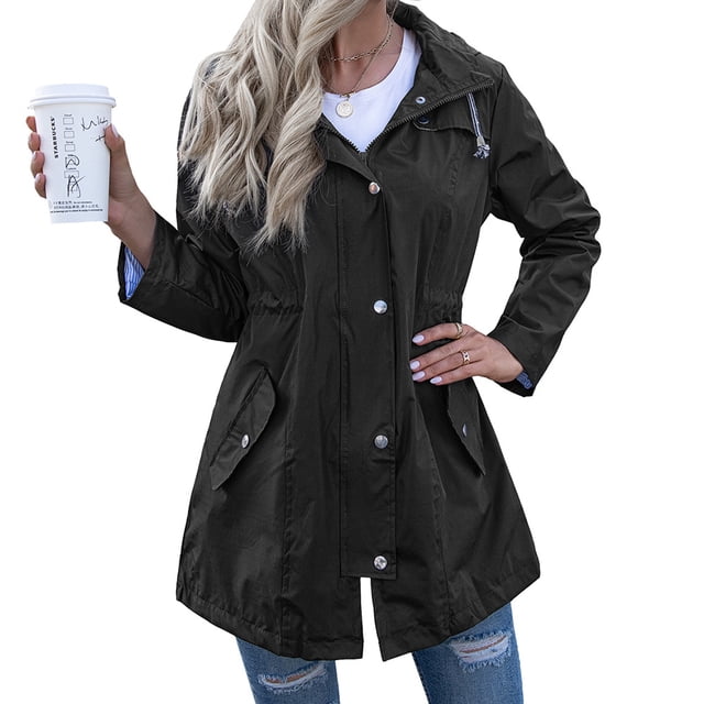 Chaqueta cortavientos ligera impermeable con capucha para exteriores para mujer, negro, talla L ShuxiuWang 8390614737006