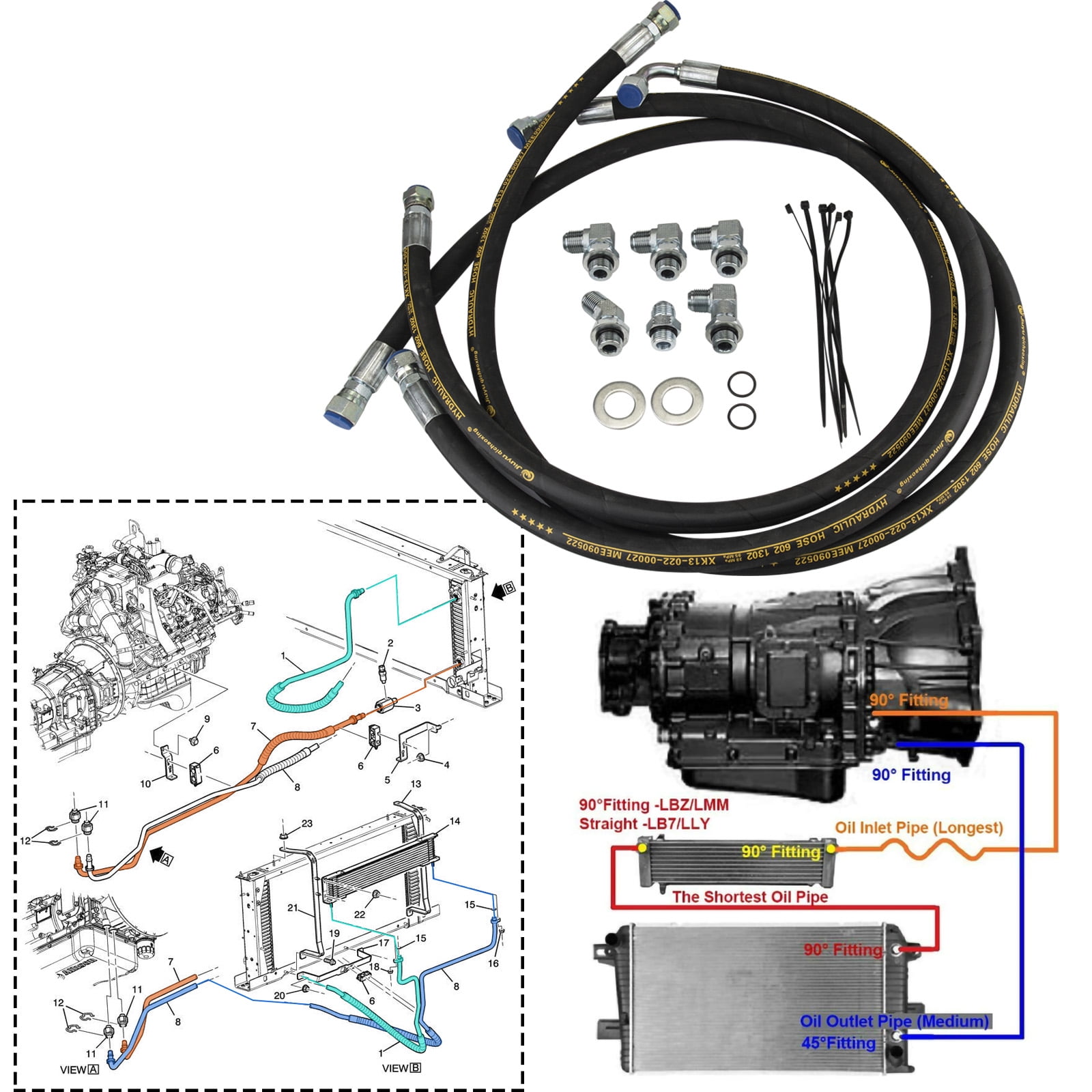 3mirrors Diesel Allison Transmission Cooler Lines Hoses Kit Compatible with 2006 - 2010 Chevy/GMC 6.6L Duramax w/ Adapters
