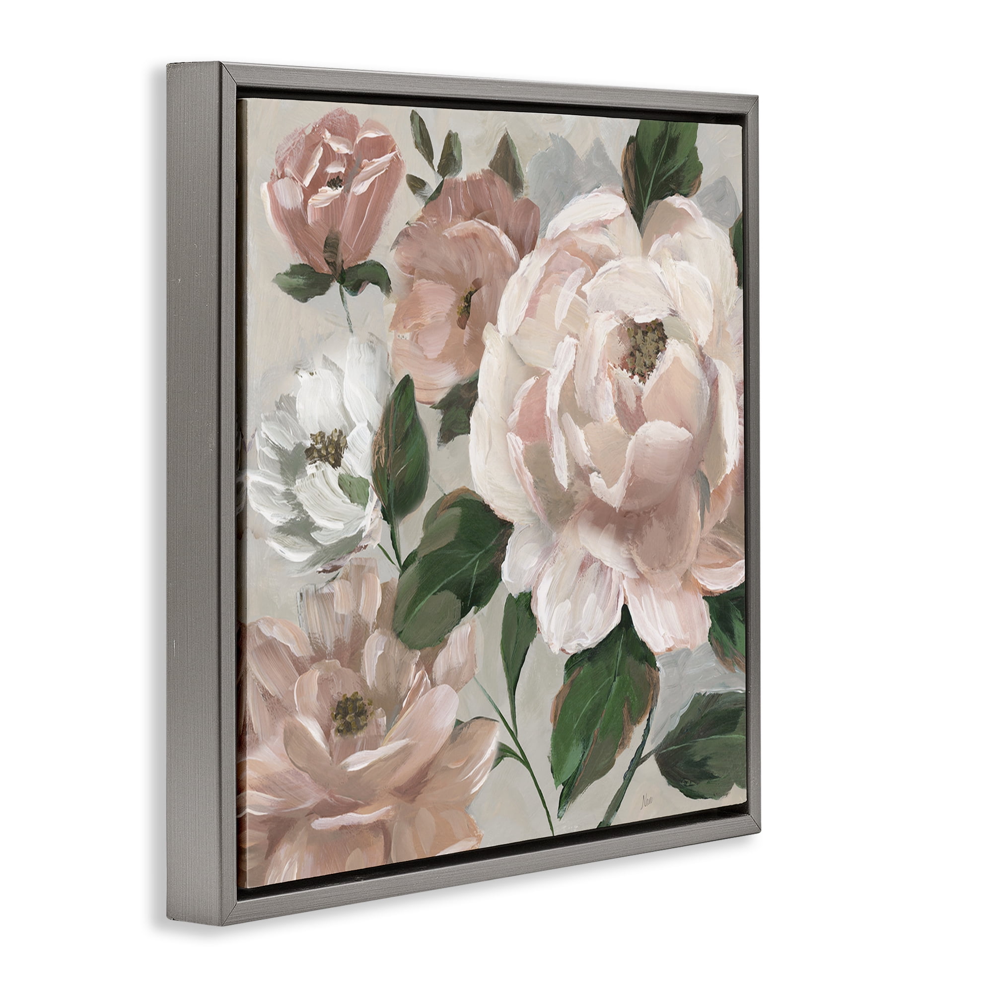Stupell Industries Delicate Blush Peonies with Leaves Gray Framed Floater Canvas Wall Art, design by Nan