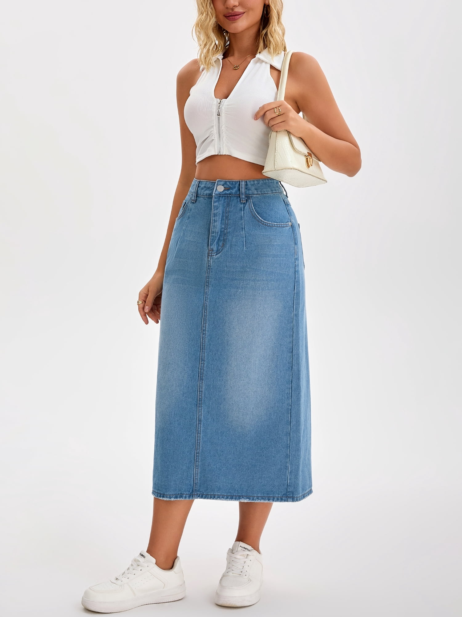 DARING DIVA Women's Denim Split Back Pockets Pencil Midi Jean Skirts Small Light Blue