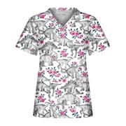 TopLLC Casual Scrubs Tops for Women Valentine's Day Fashion Women's V-Neck Casual Short Sleeve Printed Pockets Ladies Tops Blouse Plus Size Joggers Shirts on Clearance