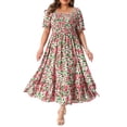 thumbnail image 4 of GRACE & GRANDEUR Women's Plus Size Short Sleeves Square Neck Smocked Boho Floral Maxi Dresses 2X Pink Green, 4 of 7