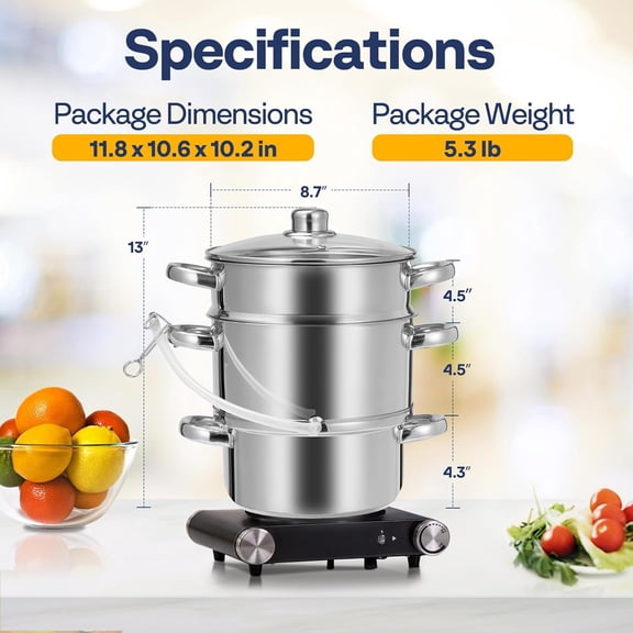 Stainless Steel Steam Juicer Extractor Fruit Vegetables Juicer Steamer Pot 5 Qt with Tempered Glass Lid, 2 Hose, Clamp, Handles