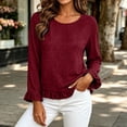 thumbnail image 6 of Womens Flounce Sleeve Blouses Crew Neck Loose Fit Elegant Casual Fall Long Ruffle Sleeve Office Shirt Wine 2XL, 6 of 7