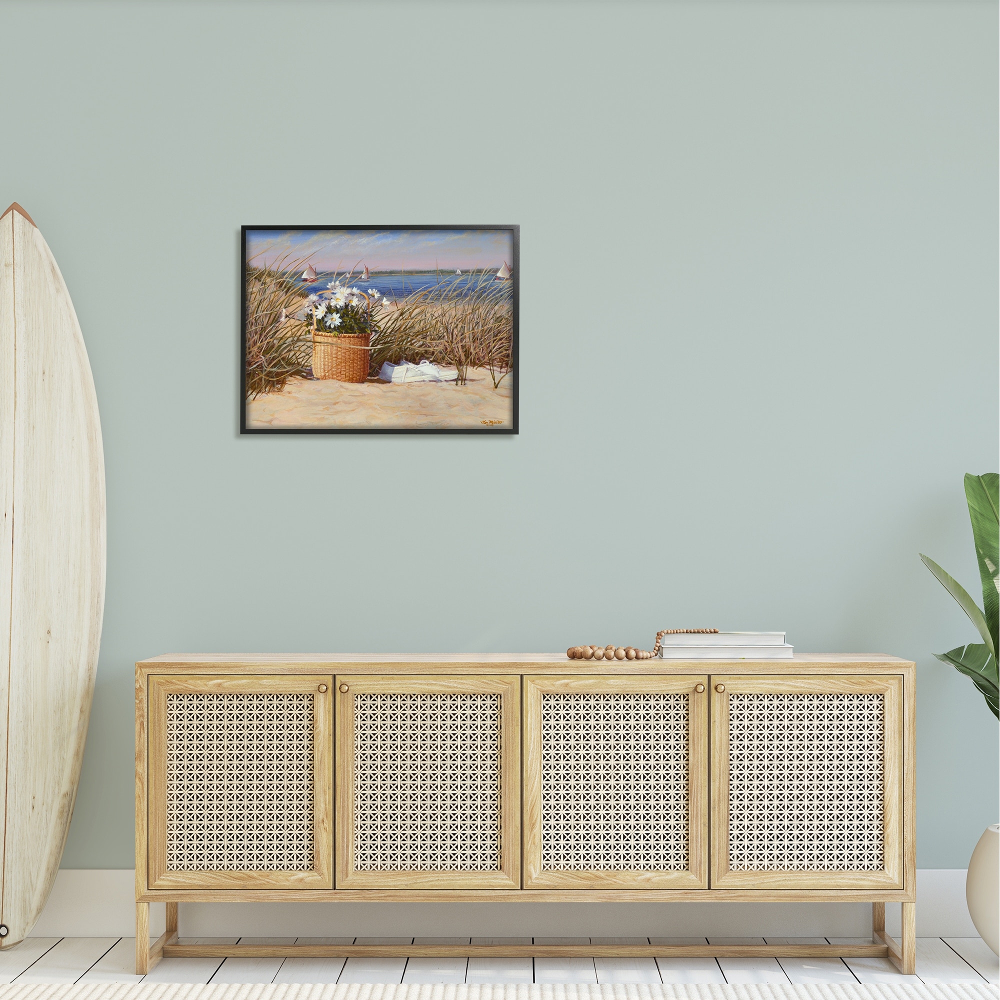 Stupell Industries Coastal Flower Blossom Basket Windblown Beach Grass Painting Black Framed Art Print Wall Art, Design by Tom Mielko