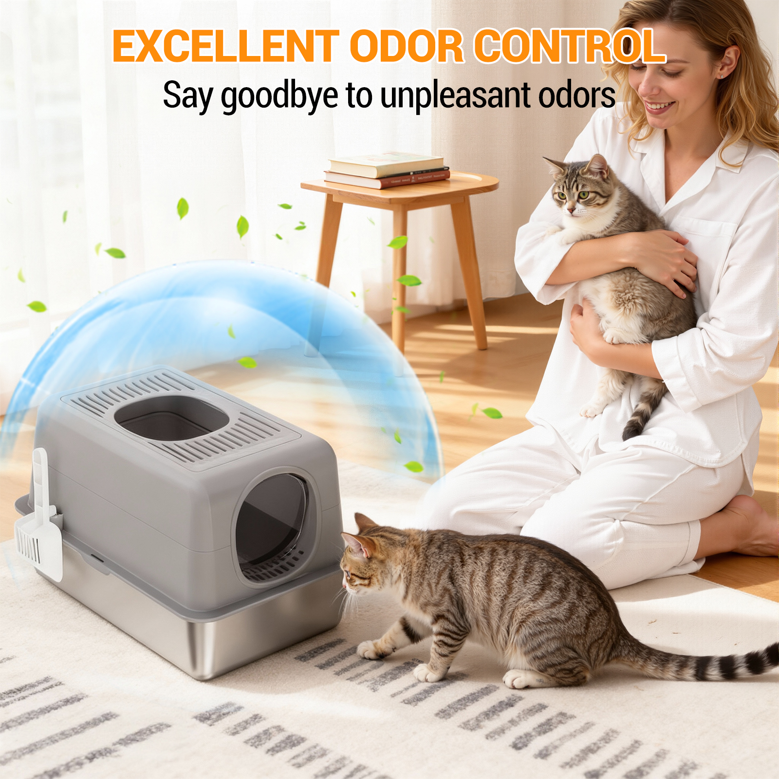 Extra Large Cat Litter Box - Stainless Steel Enclosed Tray with Dual Entry, 20L , 60x40x38cm