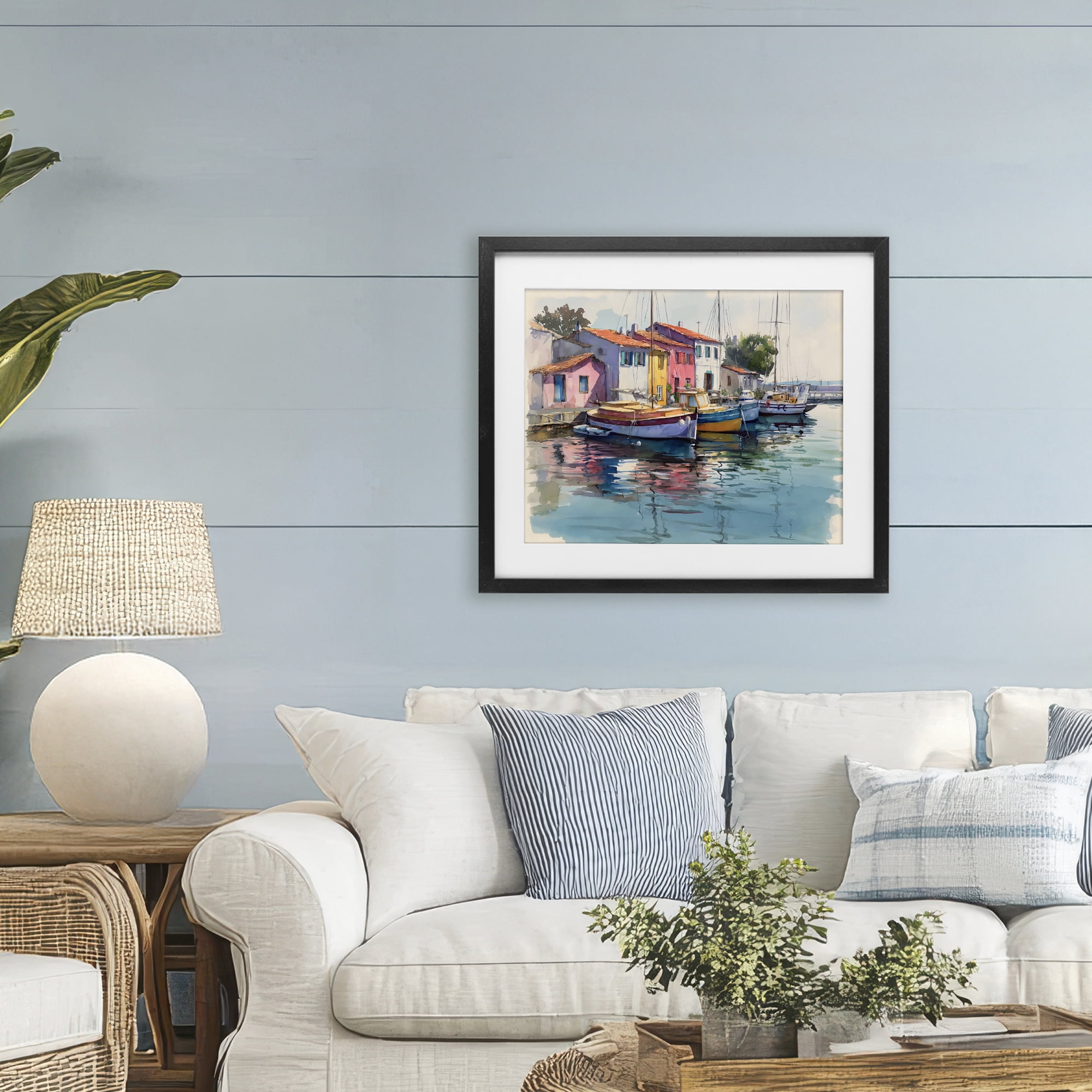 Stupell Industries Colorful Docks Harbor Black Framed Print Under Glass, design by Franklyn Gregory