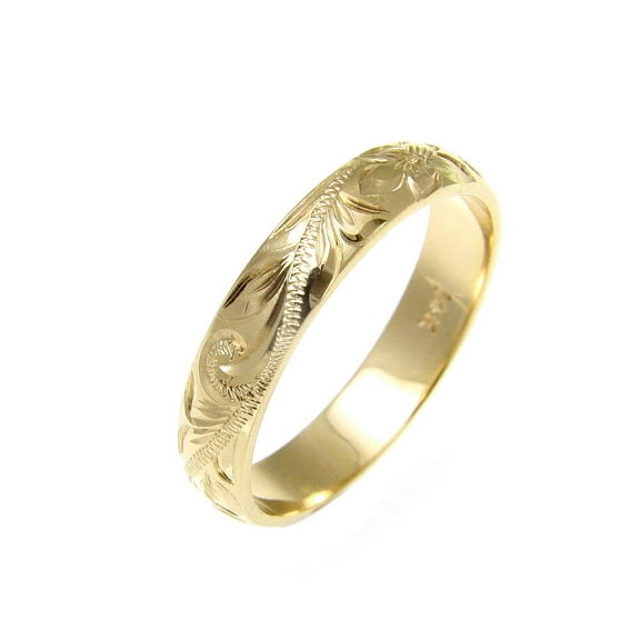 14K solid yellow gold custom hand engrave Hawaiian plumeria scroll band ring 4mm size 2 to 14