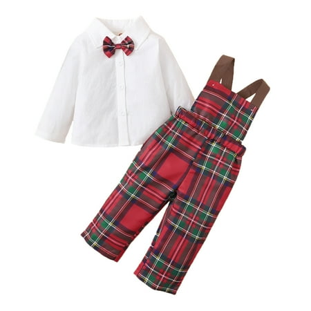 

KIMI BEAR Newborn Baby Boys Outfits 3 Months Newborn Boy Autumn Outfits 6 Months Newborn Boy Cozy Christmas Style Lapel Long Sleeve Top + Plaid Pants 2PCs Set White