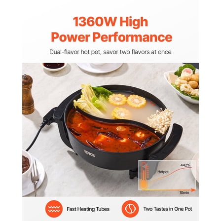 Family-Size 5 Liter Electric Hot Pot, Non-Stick Coating with Removable Divider, for Shabu-Shabu and Hot Pot Meals with 6-10 People