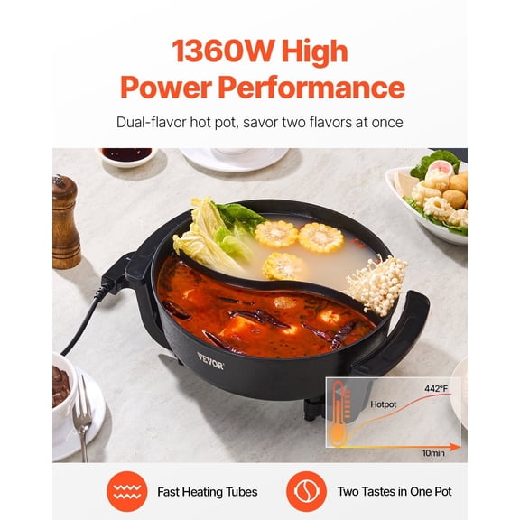 Family-Size 5 Liter Electric Hot Pot, Non-Stick Coating with Removable Divider, for Shabu-Shabu and Hot Pot Meals with 6-10 People