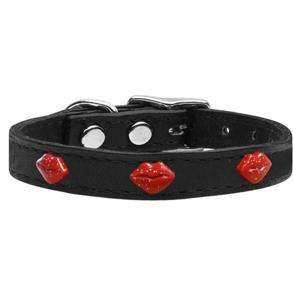 Red Glitter Lips Widget Genuine Leather Dog Collar Black 12