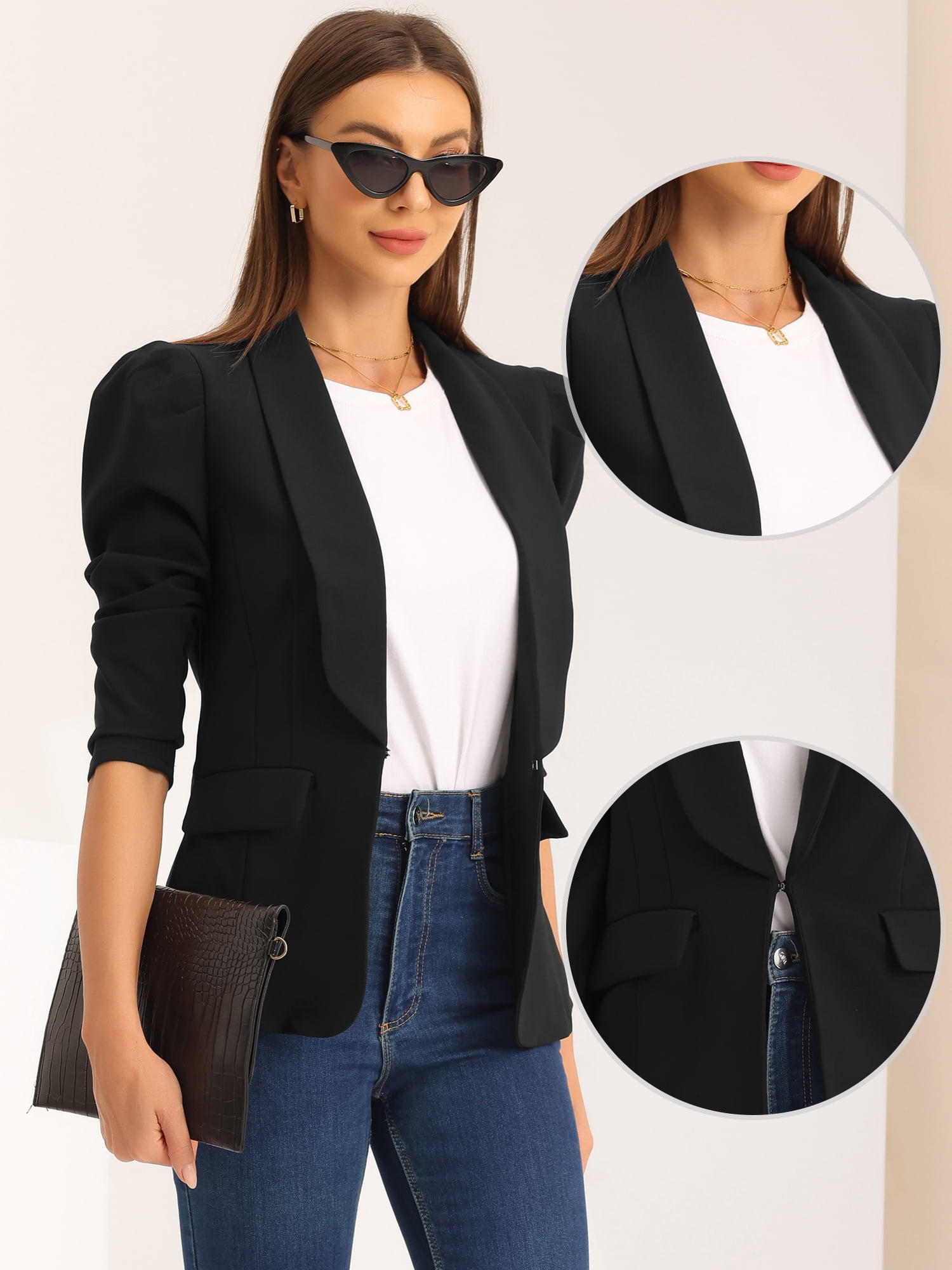 DARING DIVA Women's Shawl Collar Puff Sleeve Business Casual Blazer S Black