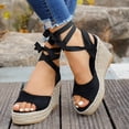 thumbnail image 2 of Rokment Womens Platform Wedge Strappy Dressy Sandals Bride Wedding Elegant Casual Suede Peep Toe Espadrilles Chunky High Heels Beach Dress Summer Shoes Black Size 8.5, 2 of 6