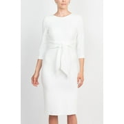 Adrianna Papell Crew Neck 3/4 Sleeve Tie Waist Zipper Back Solid Crepe Dress Color: IVORY, Size: 6