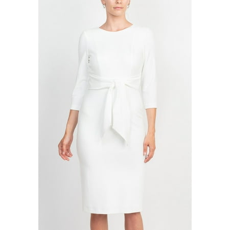 Adrianna Papell Crew Neck 3/4 Sleeve Tie Waist Zipper Back Solid Crepe Dress Color: IVORY, Size: 6