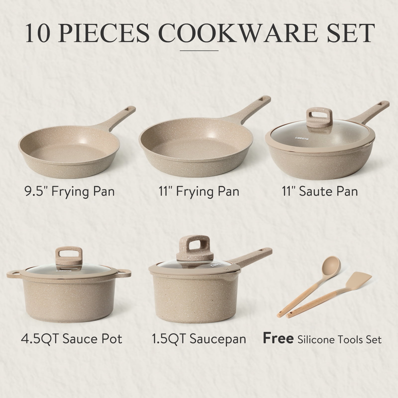Carote Nonstick Cookware Sets, 11 Pcs Granite Non Stick Pots and Pans Set  with Removable Handle