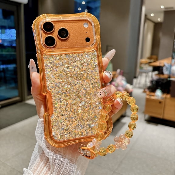 for iPhone 18 Pro Glitter Bling Case, Luxury Cute Chain Shockproof Protective Ultra Slim Women Girls Case Cover with Crystal Pearl Wrist Strap Bracelet for iPhone 18 Pro, Orange