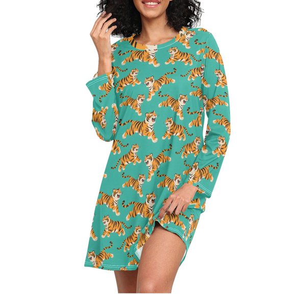 joogoo Cartoon Tigers Cute Women's Long Sleeve Nightgown Sleepwear L