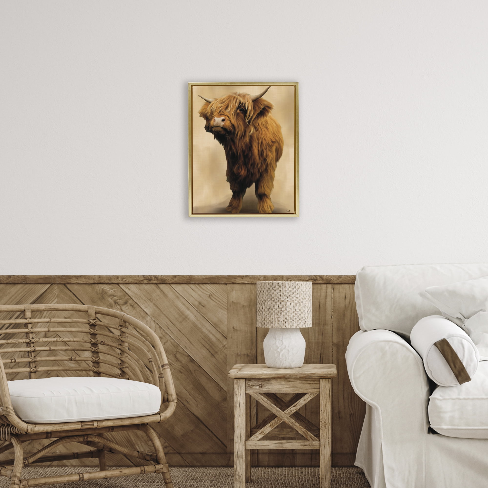 Stupell Industries Mini Highland Cow on Neutrals Gold Framed Floater Canvas Wall Art, design by Renel Peters