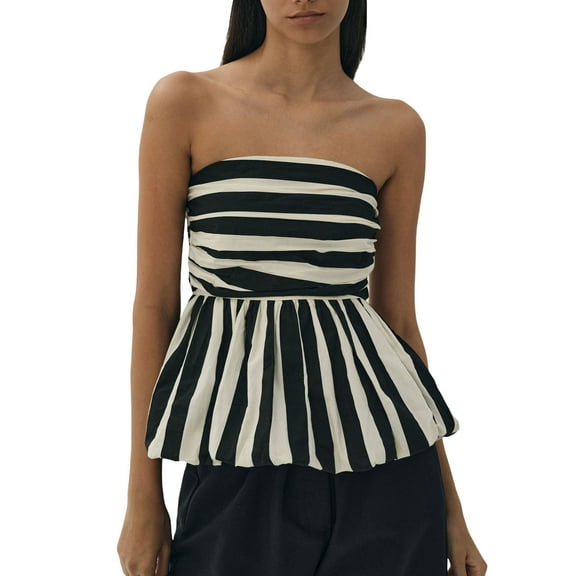 Michellecmm Women's Strapless Peplum Tops Stripe Print Ruched Backless Cropped Bubble Bandeau