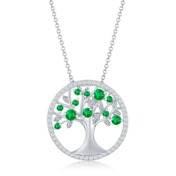 Sterling Silver 'May' Emerald Tree of Life Necklace