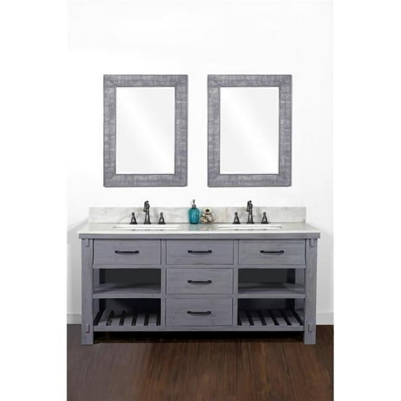 InFurniture WK8260-BG-AP TOP 60 in. Rustic Solid Fir Double Sink Vanity in Blue Grey Driftwood With Arctic Pearl Marble Top-No Faucet