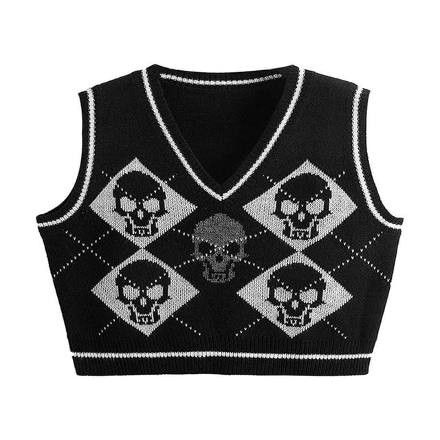 Women Elastic Warm Gothic Knitted Vest V-neck Fashion Skeleton and Argyle Printed Pattern Tops