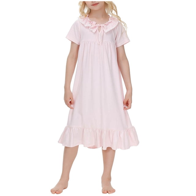 Vestido de Verano de Manga Corta Cuello Redondo Encaje Recorte Vestido Casual de Ropa de Casa 95% Algodón 5% Rayón para las Niñas, Camiseta de Primavera Vestido de Juego para Niños