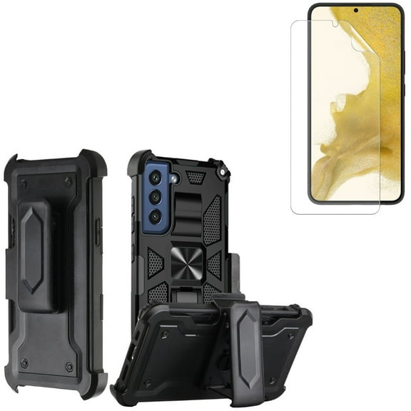 Case Belt Clip and Matte Screen Protector for Samsung Galaxy S22 Phone - Holster Swivel Cover Kickstand & TPU Film Anti-Glare Anti-Fingerprint Fingerprint Works Accessory Bundle