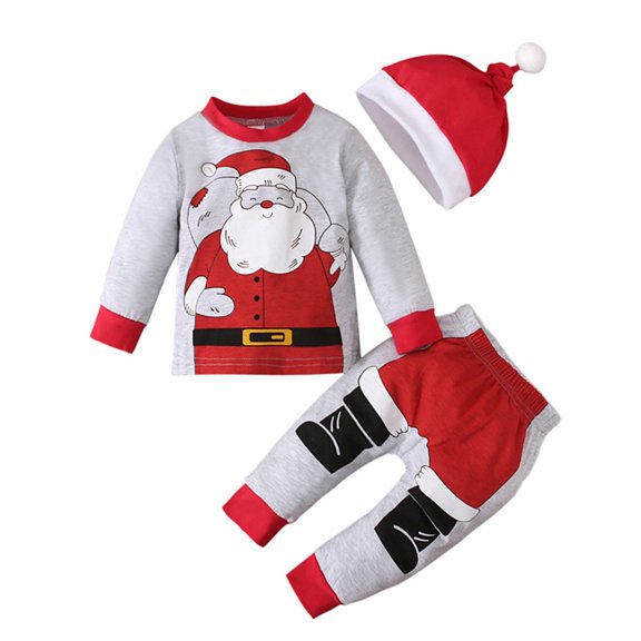 Bainana Kids Christmas Outfit Set Long Sleeve Santa Claus Print Tops Pants Hat 3 Pieces Matching Set Infant Boys Girls Cozy Active Wear