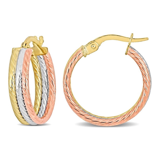 Boucles d'Oreilles Créoles Torsadées Triple Rangée en Jaune, Blanc et Or Rose 10K