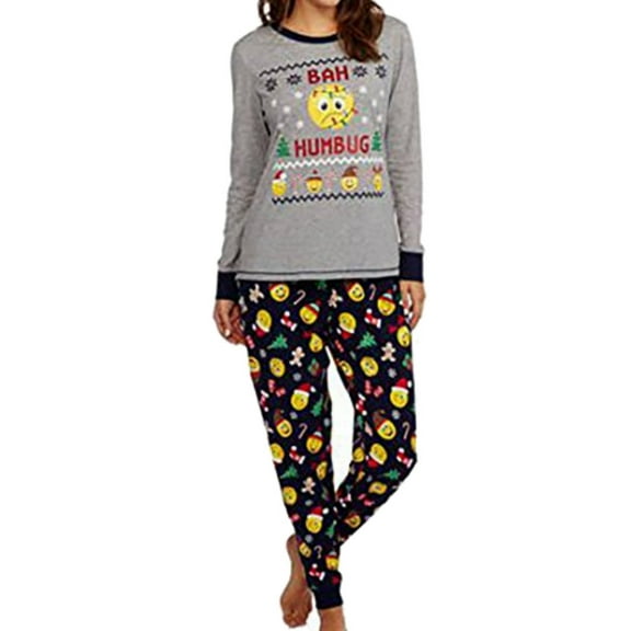 Womens Gray & Blue Emoji Holiday Pajamas Bah Humbug Christmas Sleep Set Large