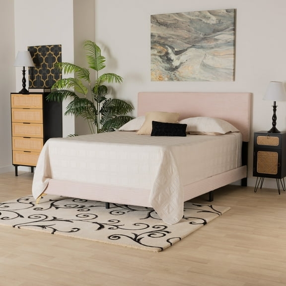 Modern Velvet Queen Bed - Pink Channel Tufted Panel Bed with Gold Metal Legs - Bedroom Furniture