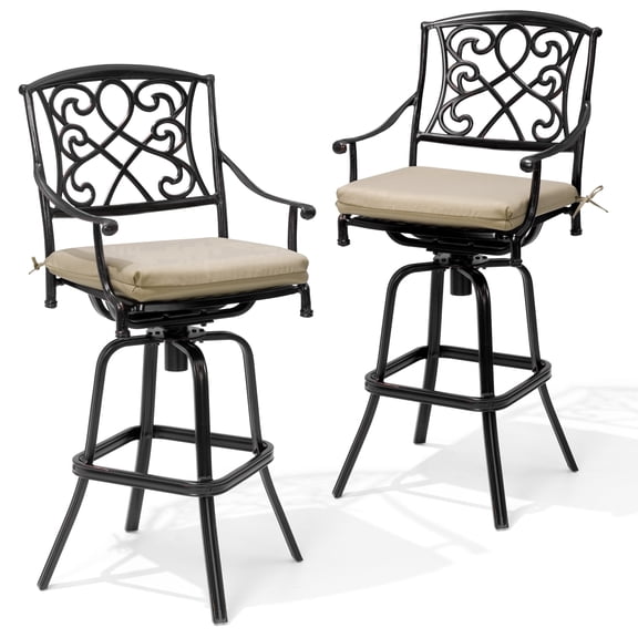 Crestlive Products Outdoor Swivel Bar Stools with Sunbrella Cushion Set of 2, 350LBS Capacity All-Weather Patio Bar Chair with Armrests & Footrest for Deck, Backyard, Balcony (Tan)