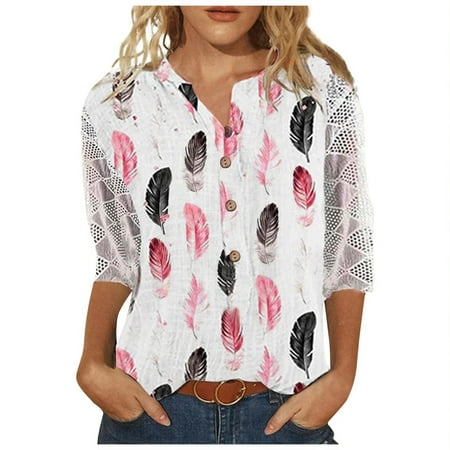 

Bospose 3/4 Sleeve Shirt Women Girls V-Neck Shirt Pink Bustier Top Tunic Sweatshirt Women Casual Button Hallow Out Shirts Floral Print Pullover Tops Women S Cutout Top/Shirt S