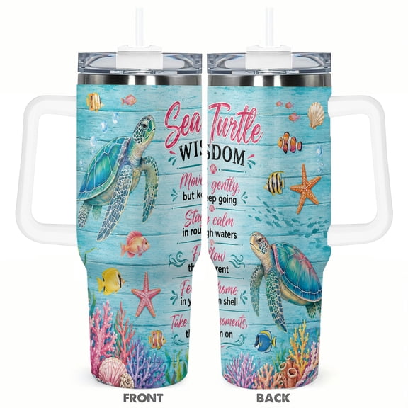 40oz Sea Turtle Wisdom Tumbler with Handle and Straw Stainless Steel Insulated Travel Coffee Cup Ocean Lover Gift