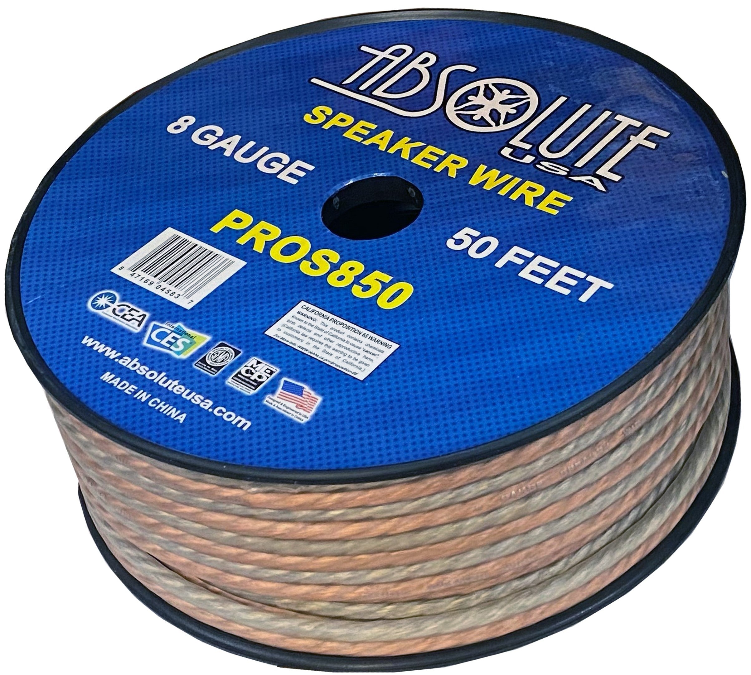 Absolute USA PROS850 8 Gauge Speaker Wire50' 8 Gauge PRO PA DJ Car Home Marine Audio Speaker Wire Cable Spool