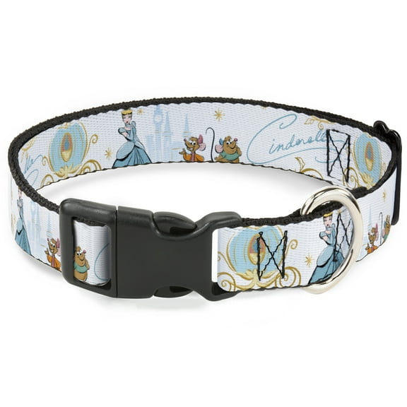 Disney Pet Collar, Dog Collar Plastic Buckle, Cinderella Pumpkin Coach and Mice Pose with Script Blues, 7 to 8.5 Inches 0.5 Inch Wide