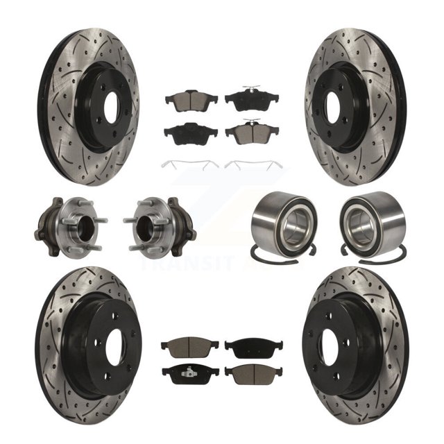 Transit Auto Front Rear Wheel Hub Bearings Assembly Coated Disc Brake Rotors and Ceramic Pads Kit (10Pc) for Car Ford Connect - Left Right Side (Driver Passenger) KBB-117564