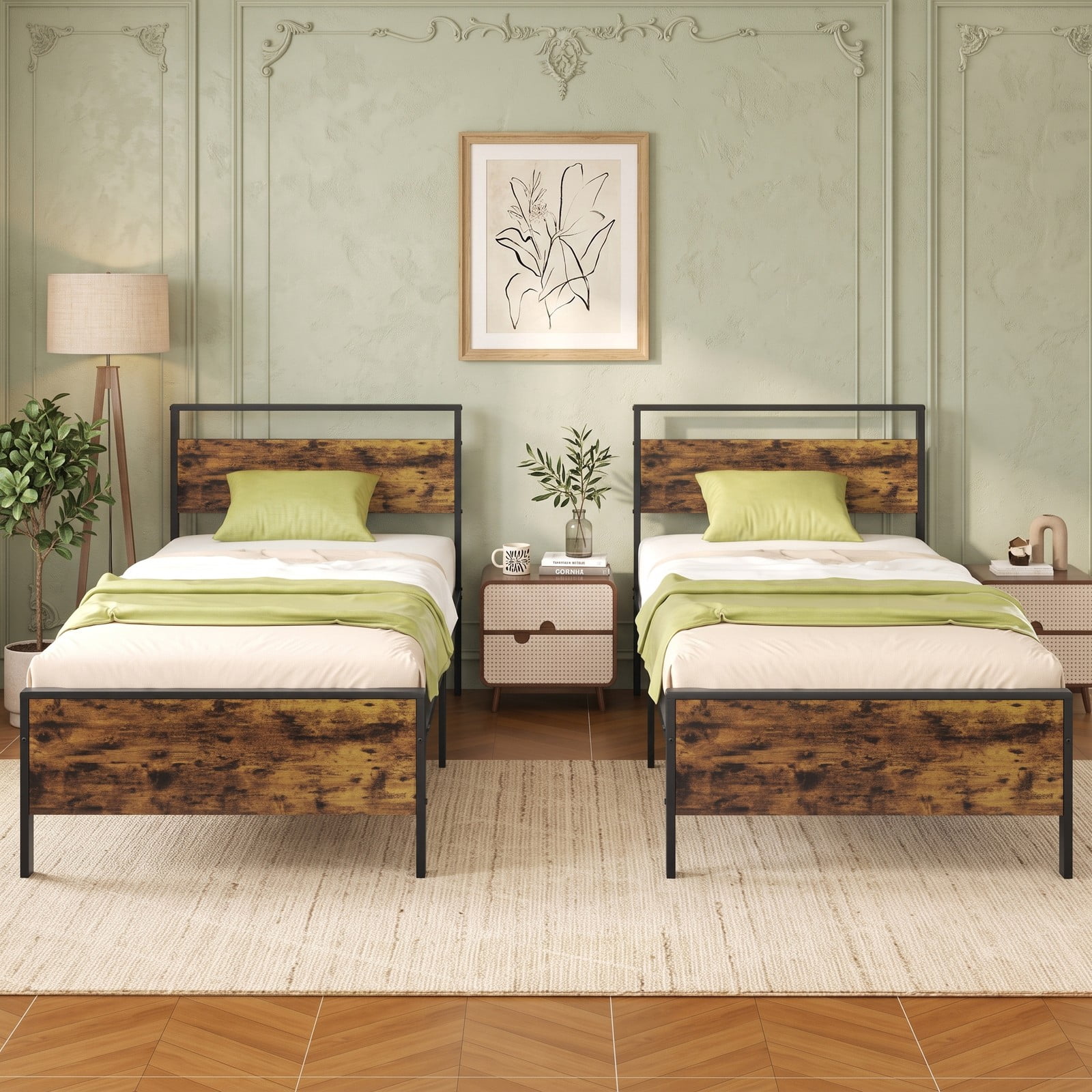 Furnibear Twin Metal Bed Frame Industrial Platform Bed with Wooden Headboard and Under Bed Storage Space for the Bedroom, Rustic Brown