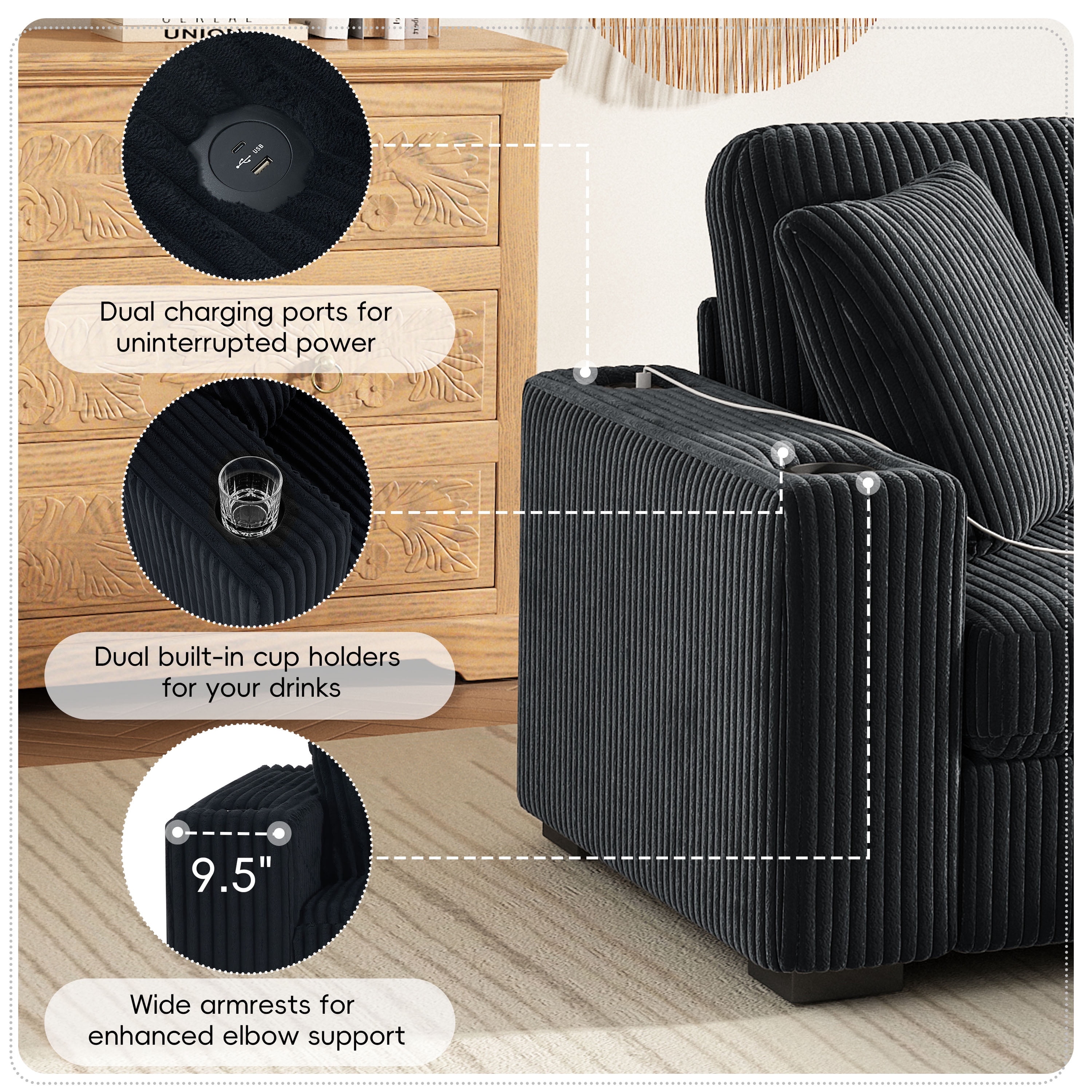 GARITIN L Shaped Sectional Sofa 86.5 Inch, Corduroy Upholstered Couch with Cup Holders and Charging Ports for Living Room, Black