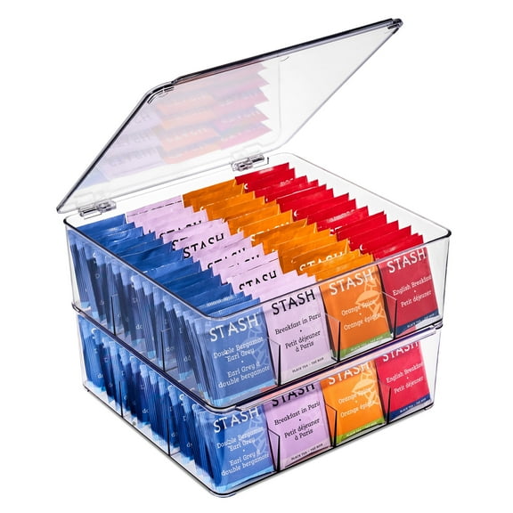 Sorbus Stackable Tea Bag Organizer with Hinged Lid, 12 Compartments, Plastic Tea Storage Holder for Kitchen, Set of 2