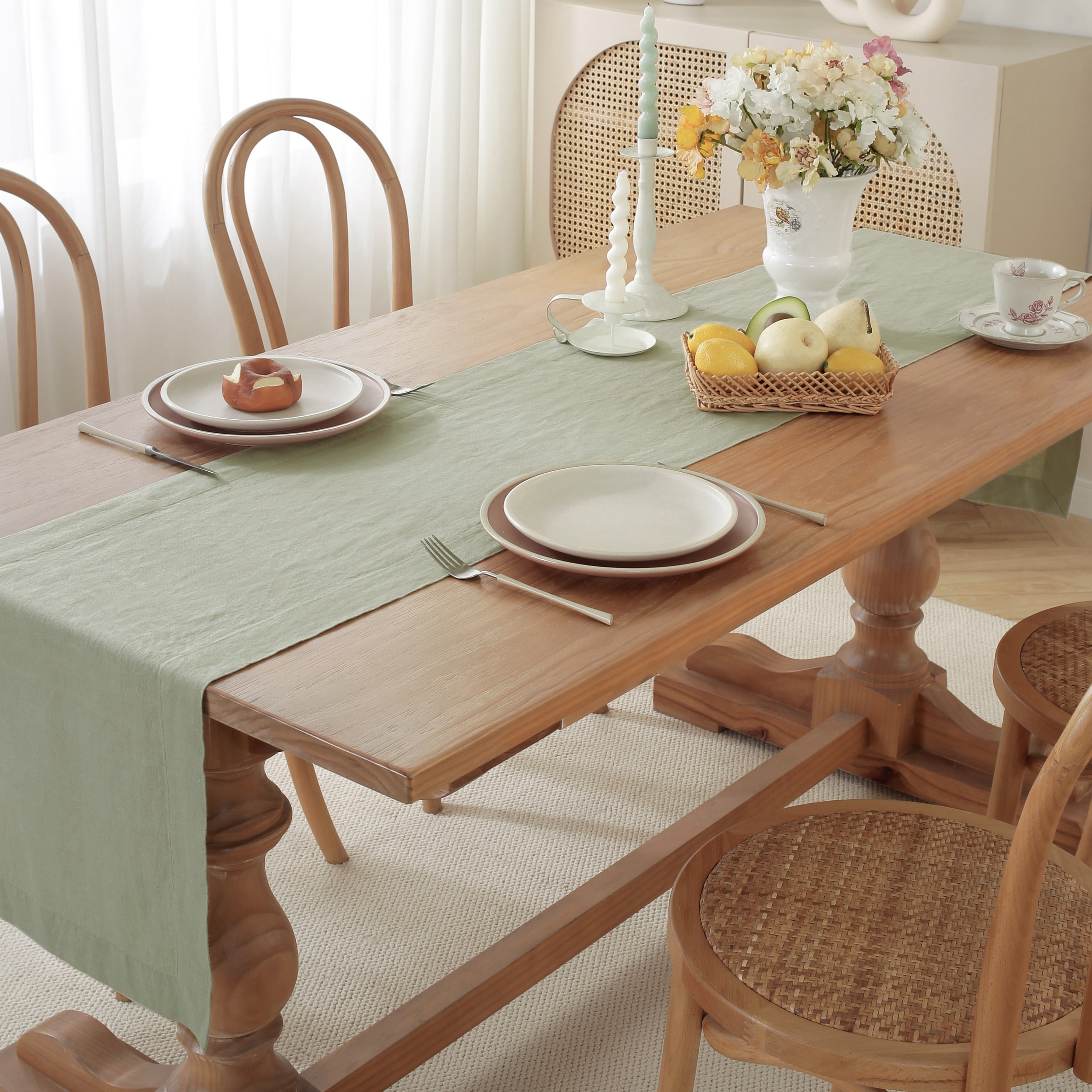 100% Pure Linen Natural Table Runner - 14x90 Inch French Linen Table Decor for Dining, Holidays, Christmas, and Weddings - Sage
