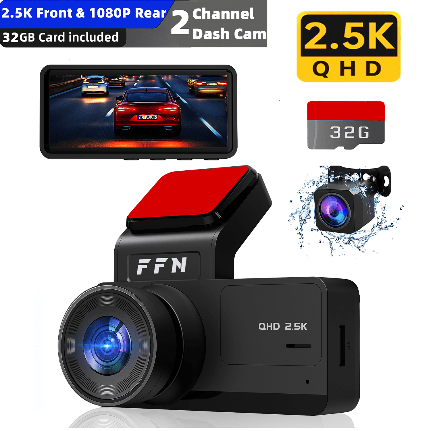 FFN 2.5K+1080P Dual Dash Cam Front and Rear,Car Dash Camera for Cars,Car Camera 170 Wide,Dashcam with Night Vision,Mini Dashcams with WDR,24H Parking Mode,Loop Recording,G-Sensor,32GB SD Card