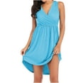 thumbnail image 2 of Wycnly Formal Dresses for Women Plus Size High Waist Smocked Irregular Swing Tank Dresses Sleeveless V-Neck Solid 2024 Summer Mini Dress Light Blue XXL, 2 of 3