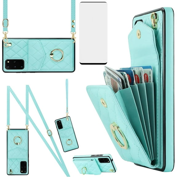 REQO Phone Case for Samsung Galaxy S20 Plus S20  5G Wallet Cover with Tempered Glass Screen Protector and Ring RFID Blocking Card Holder Cell S20 5G S20plus 20S   S2O S 20 20  G5 Women Teal