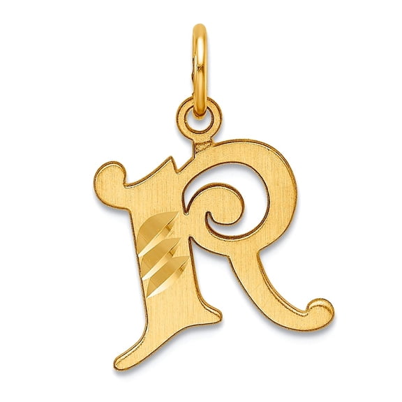 14k Solid Yellow Gold Sparkle-Cut Letter R Initial Charm 20x14mm Wide 1mm Thick Pendant Necklace for Women